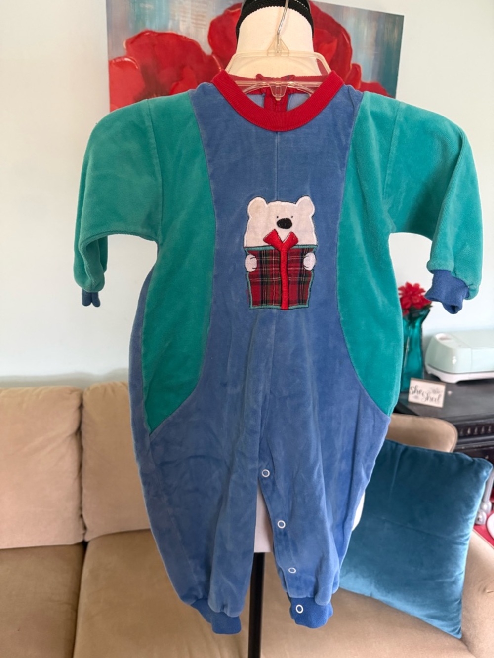 Vintage 90's Buster Brown Size 18 Months Colorblock Baby Pajamas Outfit Velour